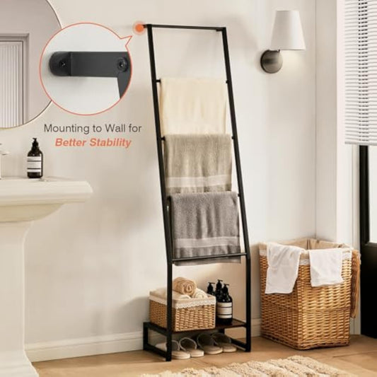 Blanket Ladder, 5 Tier Ladder Shelf,Wooden Blanket Ladders for Living Room and Bedroom, 5.2ft Blanket Holder Rack Farmhouse Ladder Rack for Storage and Home Decor, Rustic Brown and Black
